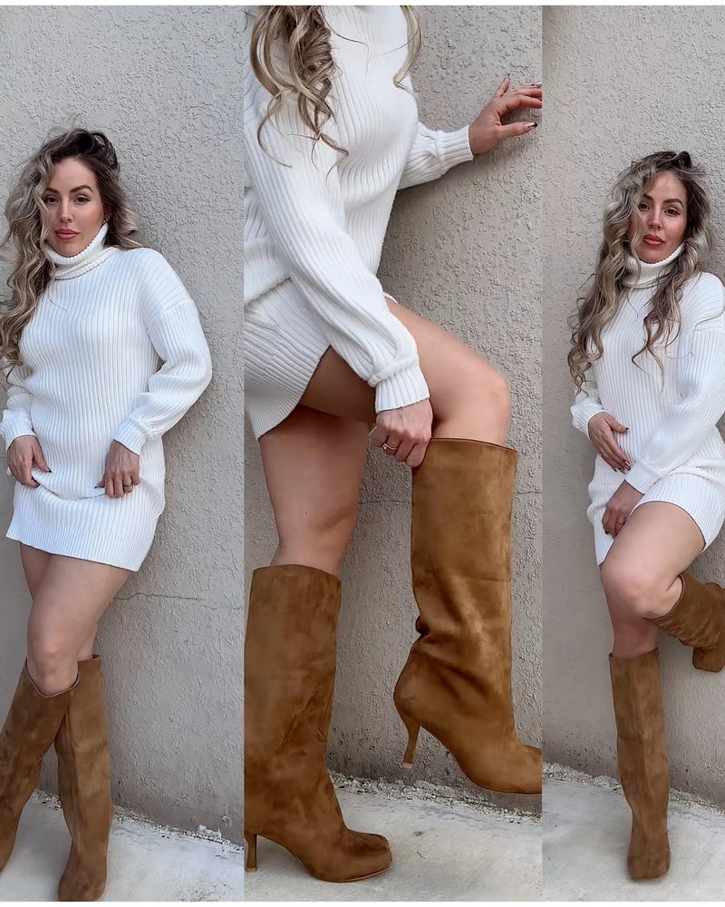 Wnshonzy Suede Knee High Boots for Women Wide Calf Square Toe Tall Brown Stiletto Kitten High Heels Thigh Long Soft Fall Boot Pull on Fashion Casual Cute Y2K Nude - Image 4