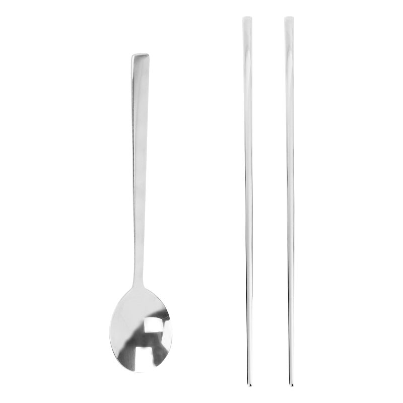2pcs Korean Stainless Steel Food Tableware Long Handle Flat Non-slip Dessert Dinnerware Set(a Pair of Chopsticks and a Spoon) - Image 1
