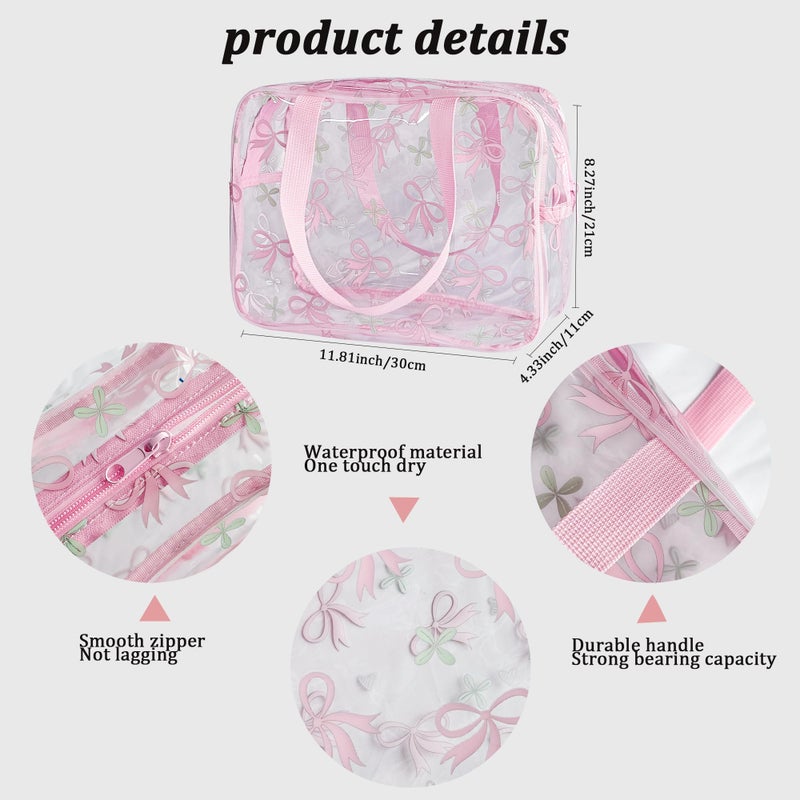 TotePrint Flower Makeup Bag - Clear Printable Vinyl Cosmetic Pouch, Waterproof Small Clear Gift Bags for Travel & Organizer (Pink Bow) - Image 2