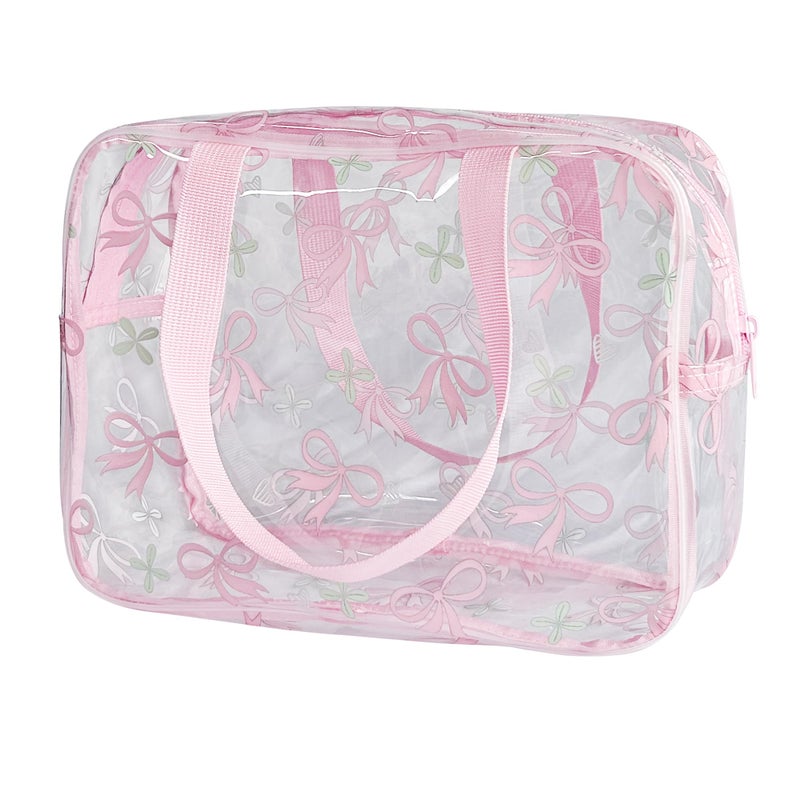 TotePrint Flower Makeup Bag - Clear Printable Vinyl Cosmetic Pouch, Waterproof Small Clear Gift Bags for Travel & Organizer (Pink Bow) - Image 1