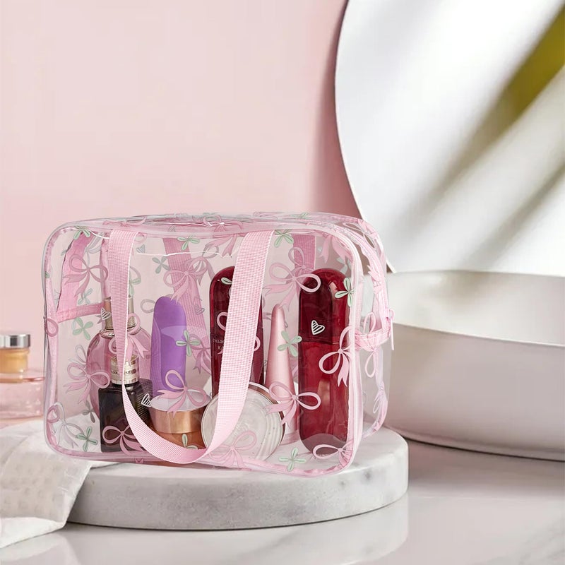 TotePrint Flower Makeup Bag - Clear Printable Vinyl Cosmetic Pouch, Waterproof Small Clear Gift Bags for Travel & Organizer (Pink Bow) - Image 3