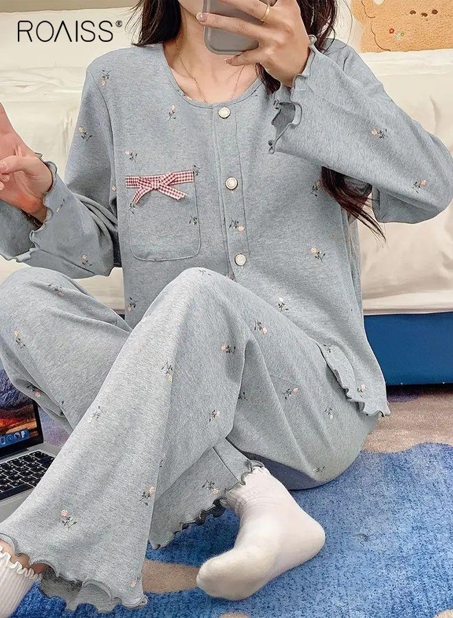 رويس طقم ملابس منزلية مكون من قطعتين لفصل الربيع والخريف للنساء بمقاسات كبيرة، بتصميم أنيق وفضفاض وأكمام طويلة مع قماش مريح للارتداء المنزلي غير الرسمي والمريح - Image 2