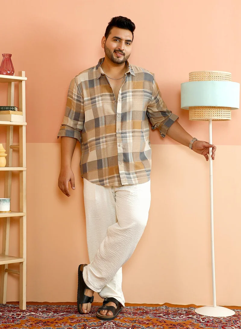 Instafab Plus Instafab Plus Men's Yellow Ochre & Moon Grey Gradient-Plaid Shirt For Casual Wear | Spread Collar | Long Cuffed Sleeves | Button Closure | Plus Size Shirt Crafted With Comfort Fit For Everyday Wear