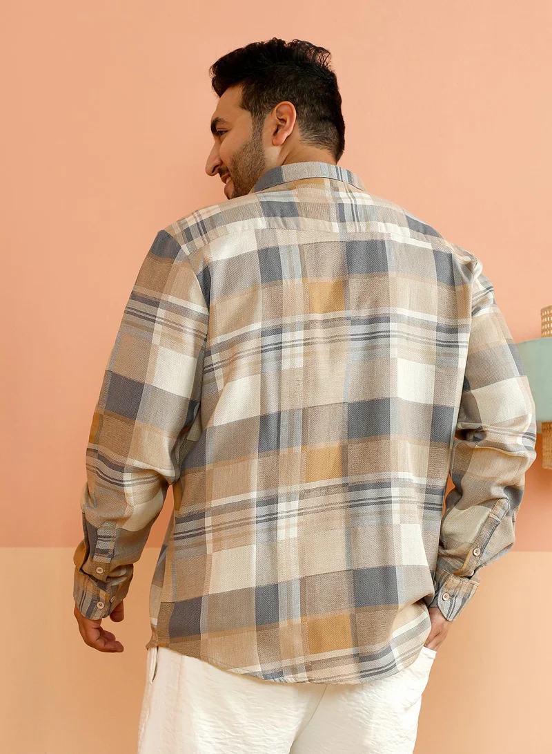 Instafab Plus Instafab Plus Men's Yellow Ochre & Moon Grey Gradient-Plaid Shirt For Casual Wear | Spread Collar | Long Cuffed Sleeves | Button Closure | Plus Size Shirt Crafted With Comfort Fit For Everyday Wear