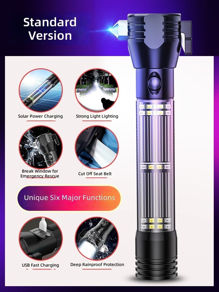 Solar-Powered Handheld Flashlight with Emergency Self-Defense Features, Safety Hammer, and Car Window Breaker