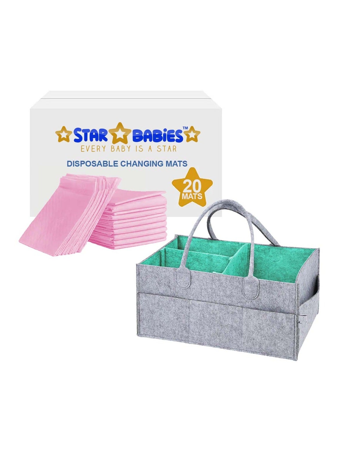Star Babies Combos Pack (Caddy diaper Organizer, Disposable Changing mat 20pcs)-Pink