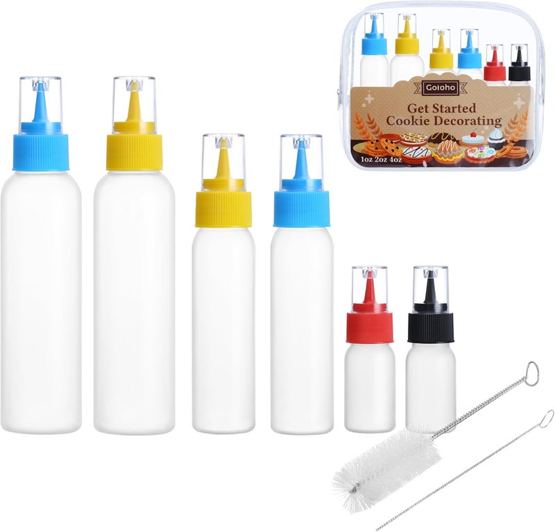 GOLOHO Cookie Icing Bottles, 6 Squeeze Applicator Bottles, 2 each (1, 2 and 4 ounces), Royal Icing Tools, Cake Sugar Cookie Decorating Supplies, Food Coloring, Frosting, Pancake Arts and Crafts Kit - Image 1
