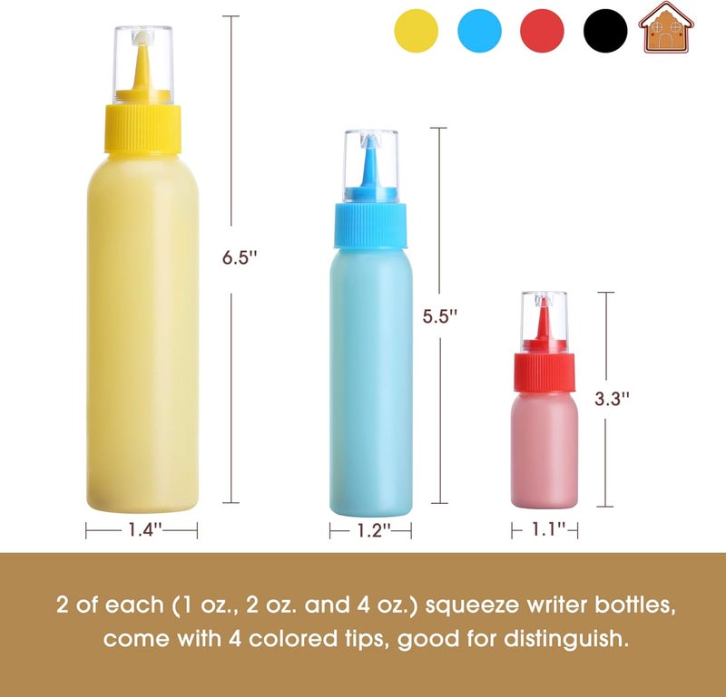 GOLOHO Cookie Icing Bottles, 6 Squeeze Applicator Bottles, 2 each (1, 2 and 4 ounces), Royal Icing Tools, Cake Sugar Cookie Decorating Supplies, Food Coloring, Frosting, Pancake Arts and Crafts Kit - Image 2