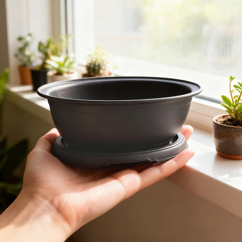 MUZHI 3 Pack Oval Bonsai Training Pot with Drainage Tray, Matte Finish Nursery Plastic Bonsai Planter with 25PCS 2inch Mesh pad (5.2" Small) - Image 5