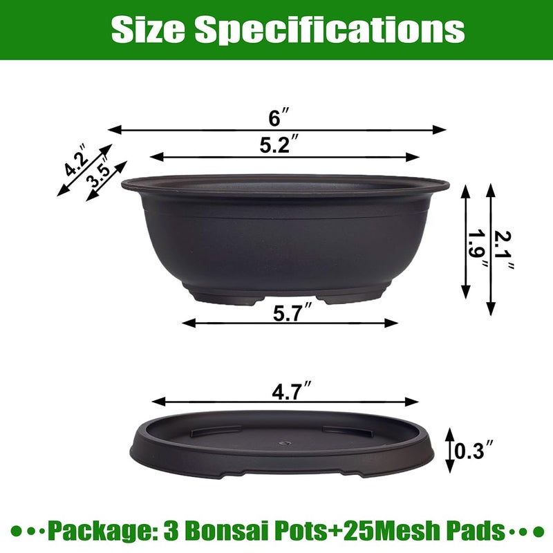 MUZHI 3 Pack Oval Bonsai Training Pot with Drainage Tray, Matte Finish Nursery Plastic Bonsai Planter with 25PCS 2inch Mesh pad (5.2" Small) - Image 2