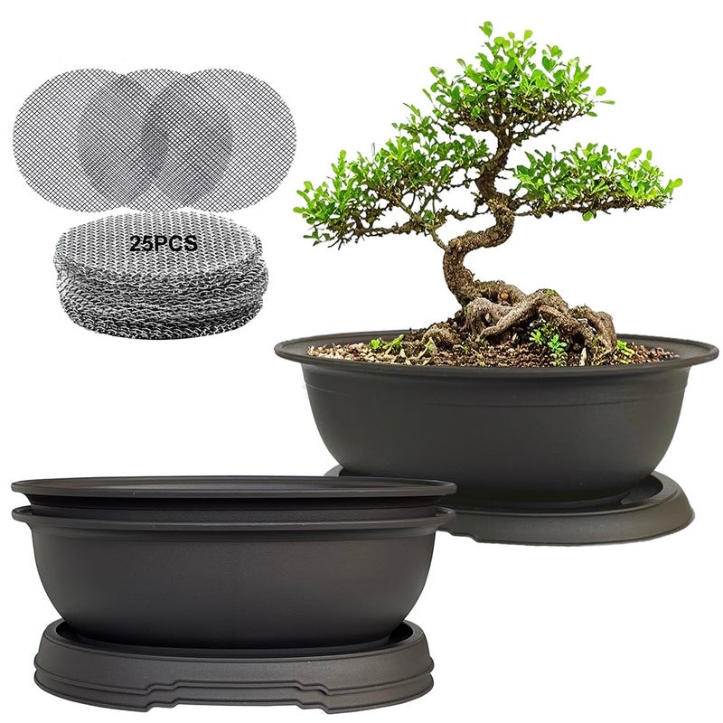 MUZHI 3 Pack Oval Bonsai Training Pot with Drainage Tray, Matte Finish Nursery Plastic Bonsai Planter with 25PCS 2inch Mesh pad (5.2" Small) - Image 1
