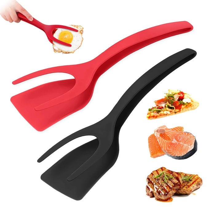 EGG FLIPPER SPATULA 2 PCS 2 IN 1 GRIP AND FLIP SPATULA TONGS SPATULAS FOR KITCHEN USE EGGFLIPPER SPATULAFLIPPER EGGTURNER PANCAKE FISH FRENCH TOAST OMELET MAKING FOR HOME COOKING TOOL BLACK AND RED