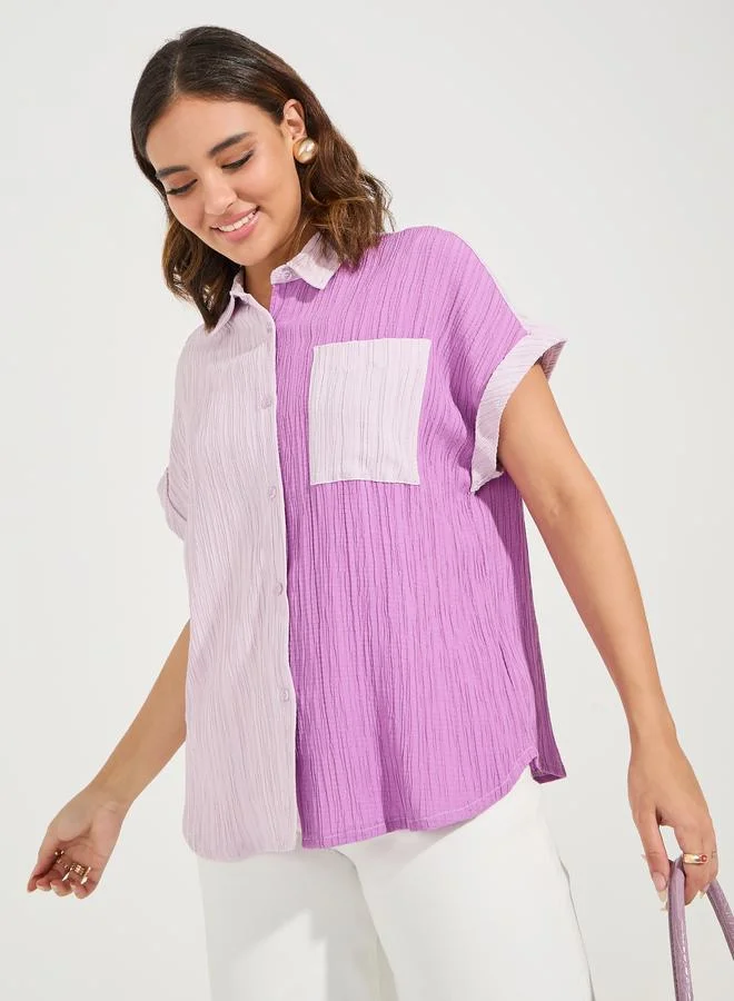 Styli Textured Color Block Shirt with Turn-Up Sleeve