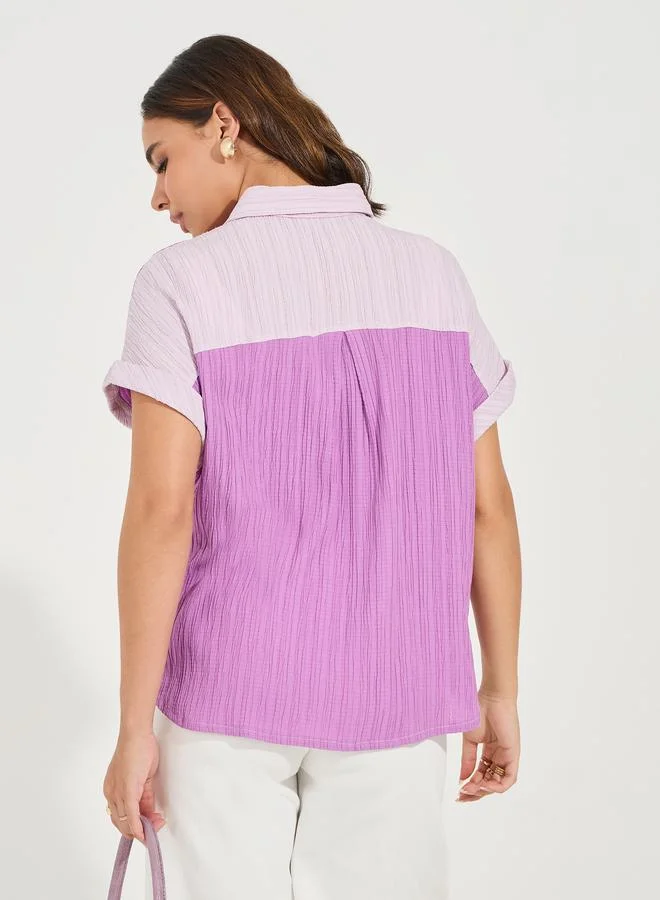 Styli Textured Color Block Shirt with Turn-Up Sleeve