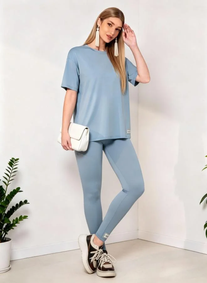 Take Two Blue Round Neck Short Sleeve Top and Leggings Co-Ords