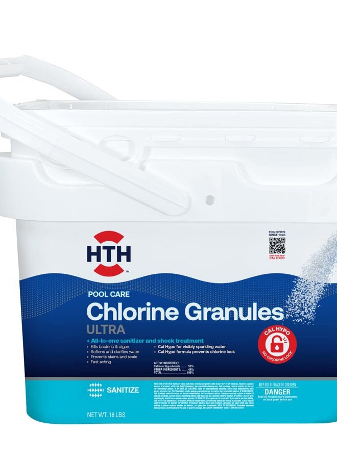 HTH Pool Care Chlorine Granules Ultra, Swimming Pool Chlorinating Sanitizer & Shock, Kills Bacteria & Algae, 18 lbs - Image 1