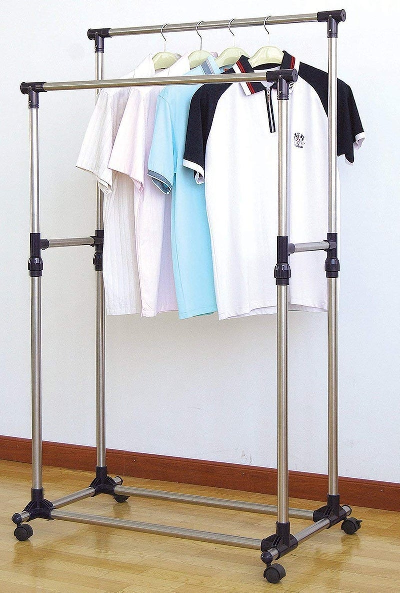 Loop Group Stainless Steel Heavy Duty Upto 60 KG Load Double Pole Rail Telescopic Movable Portable Adjustable Clothes Garment Coat Jacket Hanging Rack Stand Alna with Wheels For Home Bedroom Office - Image 2