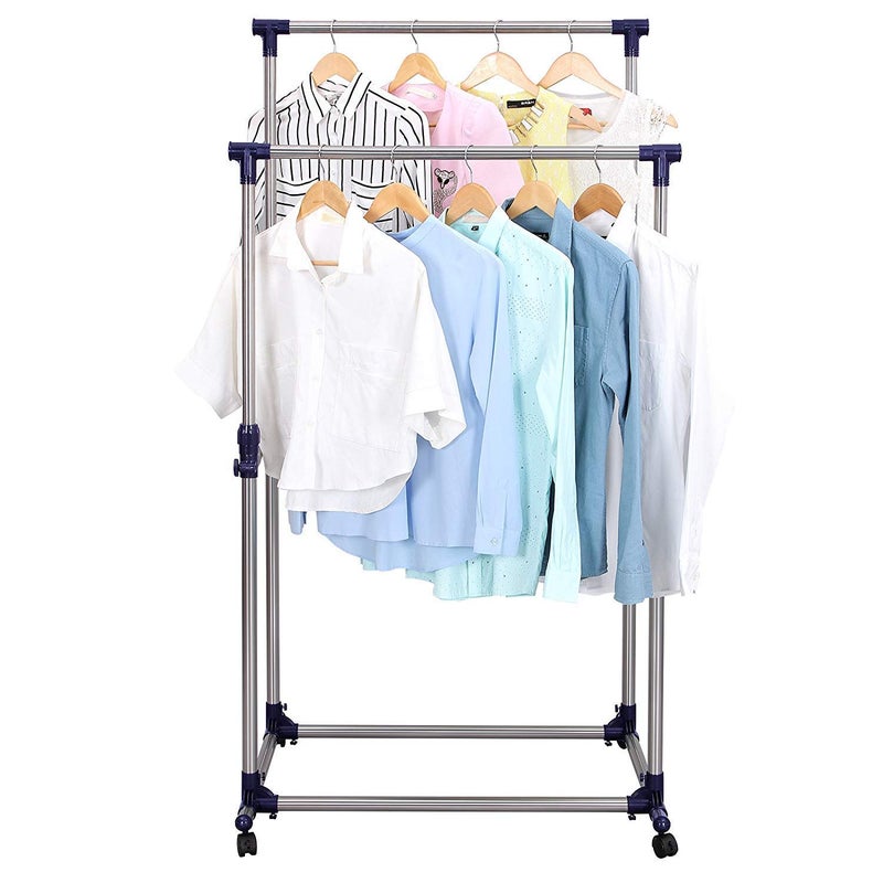 Loop Group Stainless Steel Heavy Duty Upto 60 KG Load Double Pole Rail Telescopic Movable Portable Adjustable Clothes Garment Coat Jacket Hanging Rack Stand Alna with Wheels For Home Bedroom Office - Image 1