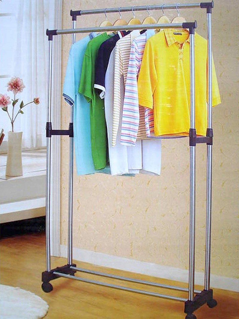 Loop Group Stainless Steel Heavy Duty Upto 60 KG Load Double Pole Rail Telescopic Movable Portable Adjustable Clothes Garment Coat Jacket Hanging Rack Stand Alna with Wheels For Home Bedroom Office - Image 4