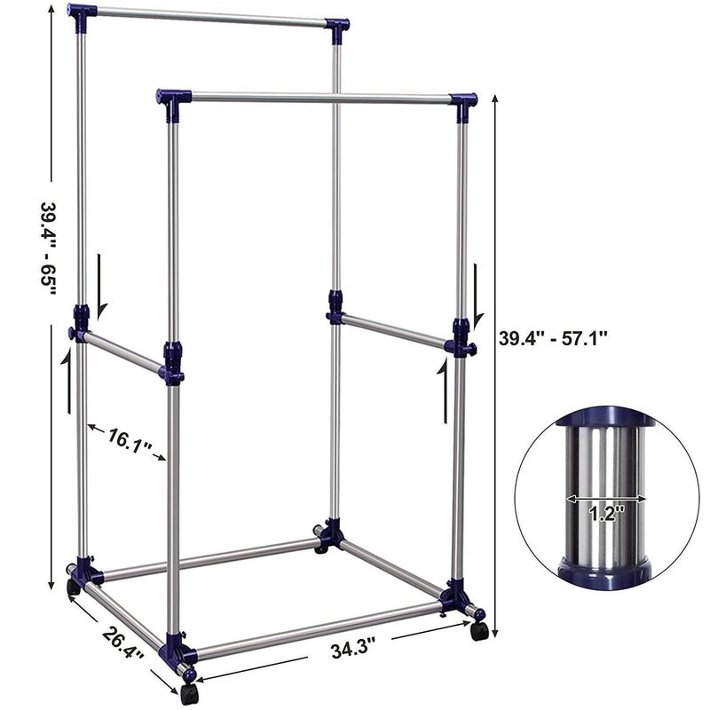 Loop Group Stainless Steel Heavy Duty Upto 60 KG Load Double Pole Rail Telescopic Movable Portable Adjustable Clothes Garment Coat Jacket Hanging Rack Stand Alna with Wheels For Home Bedroom Office - Image 3