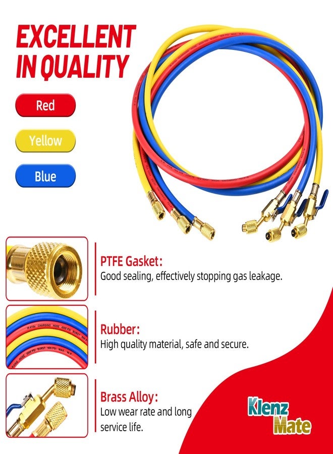 KlenzMate 2025 New 29985 Plus II 1/4" HVAC Hose with Compact Ball Valve,Standard 1/4" Flare Fittings,Fit for R410A and all Common Refrigerants,800 PSI Working Pressure, 60",Low Loss,Red/Yellow/Blue, (Pack of 3) - Image 3