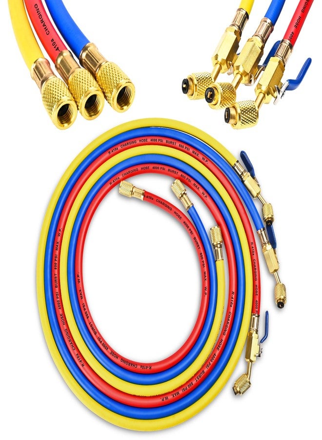 KlenzMate 2025 New 29985 Plus II 1/4" HVAC Hose with Compact Ball Valve,Standard 1/4" Flare Fittings,Fit for R410A and all Common Refrigerants,800 PSI Working Pressure, 60",Low Loss,Red/Yellow/Blue, (Pack of 3) - Image 1