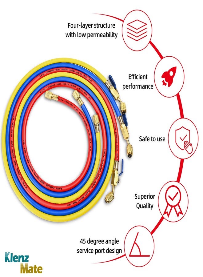 KlenzMate 2025 New 29985 Plus II 1/4" HVAC Hose with Compact Ball Valve,Standard 1/4" Flare Fittings,Fit for R410A and all Common Refrigerants,800 PSI Working Pressure, 60",Low Loss,Red/Yellow/Blue, (Pack of 3) - Image 2