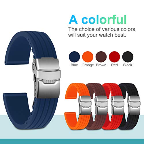 ULLCHRO Silicone Watch Strap Replacement Rubber Watch Band Waterproof Stripe Pattern - 14mm, 16mm, 18mm, 20mm, 22mm, 24mm Watch Bracelet with Stainless Steel Deployment Buckle (22mm, Blue) - Image 3