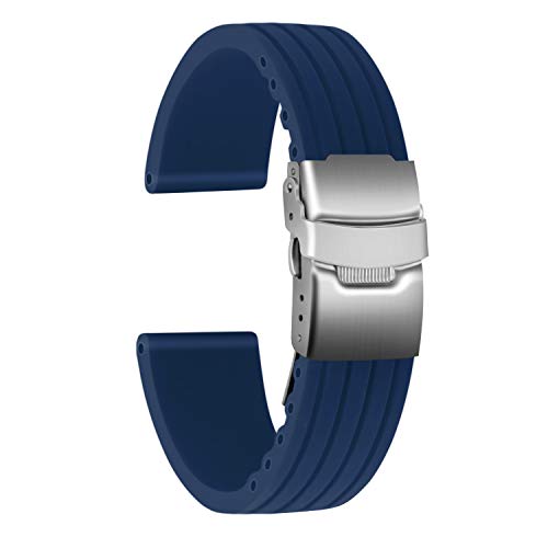 ULLCHRO Silicone Watch Strap Replacement Rubber Watch Band Waterproof Stripe Pattern - 14mm, 16mm, 18mm, 20mm, 22mm, 24mm Watch Bracelet with Stainless Steel Deployment Buckle (22mm, Blue) - Image 1