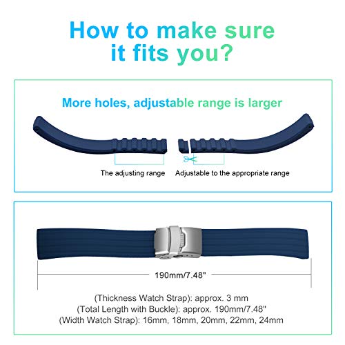 ULLCHRO Silicone Watch Strap Replacement Rubber Watch Band Waterproof Stripe Pattern - 14mm, 16mm, 18mm, 20mm, 22mm, 24mm Watch Bracelet with Stainless Steel Deployment Buckle (22mm, Blue) - Image 5