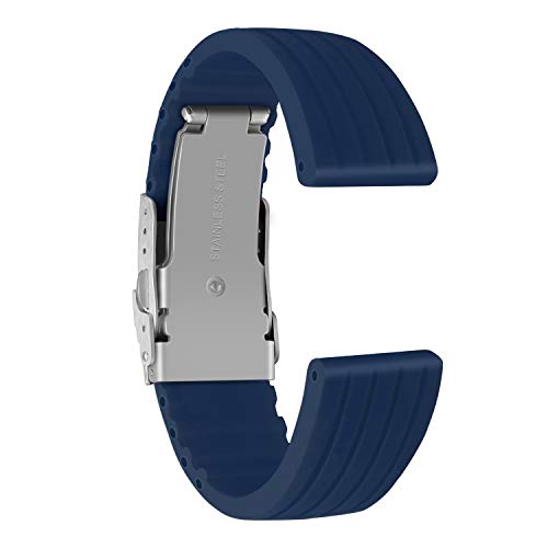 ULLCHRO Silicone Watch Strap Replacement Rubber Watch Band Waterproof Stripe Pattern - 14mm, 16mm, 18mm, 20mm, 22mm, 24mm Watch Bracelet with Stainless Steel Deployment Buckle (22mm, Blue) - Image 2