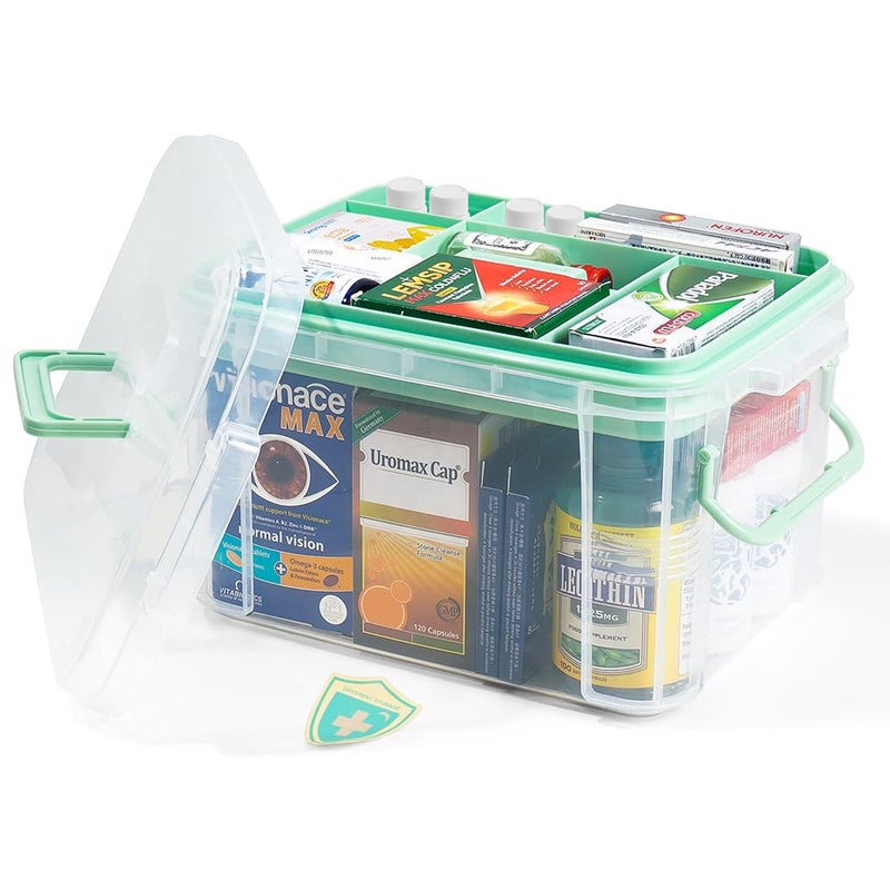 HEY FOLY 15qt Clear Medicine Organizer Storage Box with Tray, Plastic First Aid Box Empty, Thickened Medicine Container Chest, Multipurpose Medical Case with Labels, Medicine Caddy with Lids Handles - Image 1