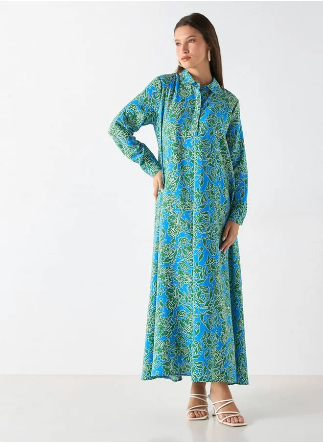 Iconic Iconic All-Over Print Maxi Dress with Collar and Long Sleeves