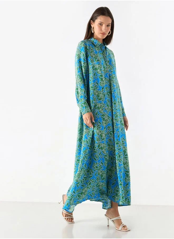 Iconic Iconic All-Over Print Maxi Dress with Collar and Long Sleeves