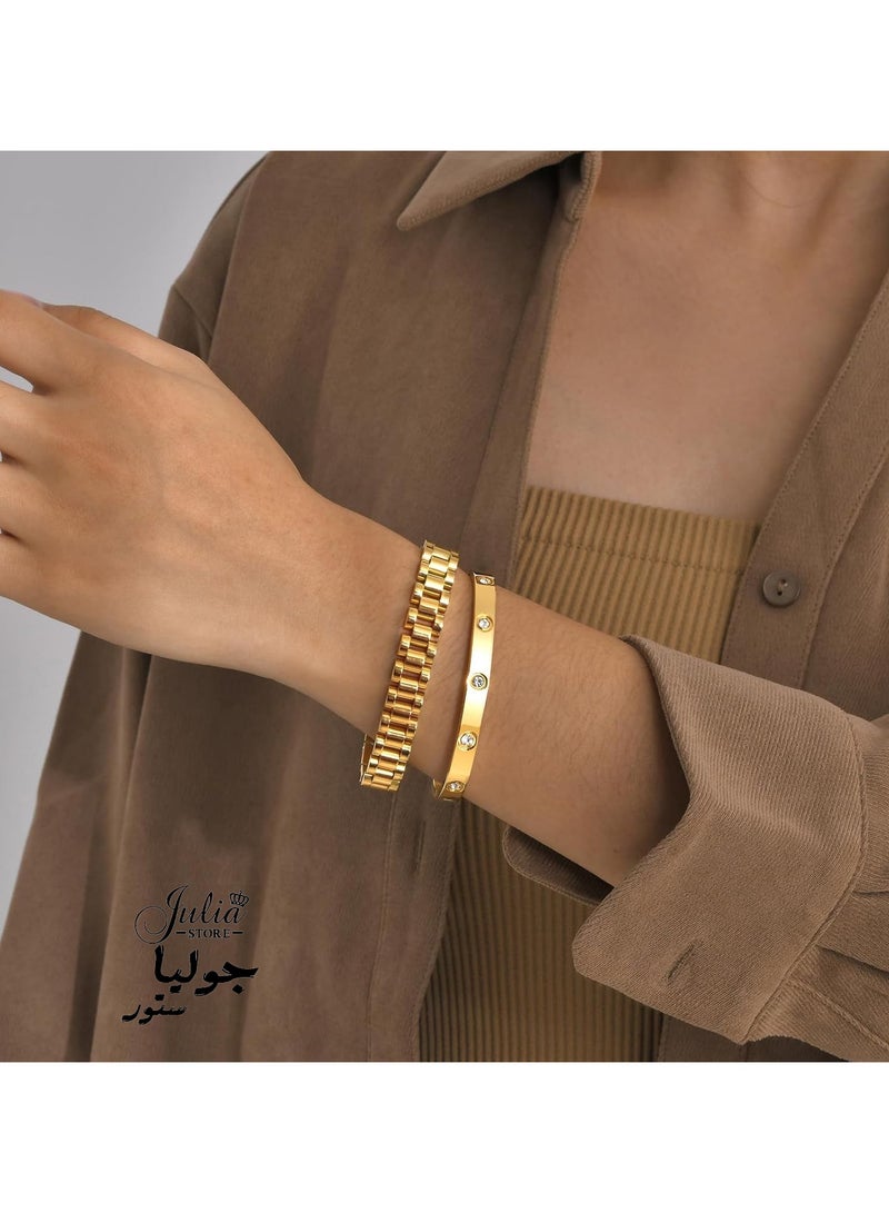 جوليا ستور سوار صداقة عصري فاخر مطلي بالذهب عيار 18 قيراطًا من الفولاذ المقاوم للصدأ مرصع بالكريستال، سوار سلسلة ذهبية مكون من قطعتين - سوار سلسلة ساعة مجوهرات للنساء  - Image 3
