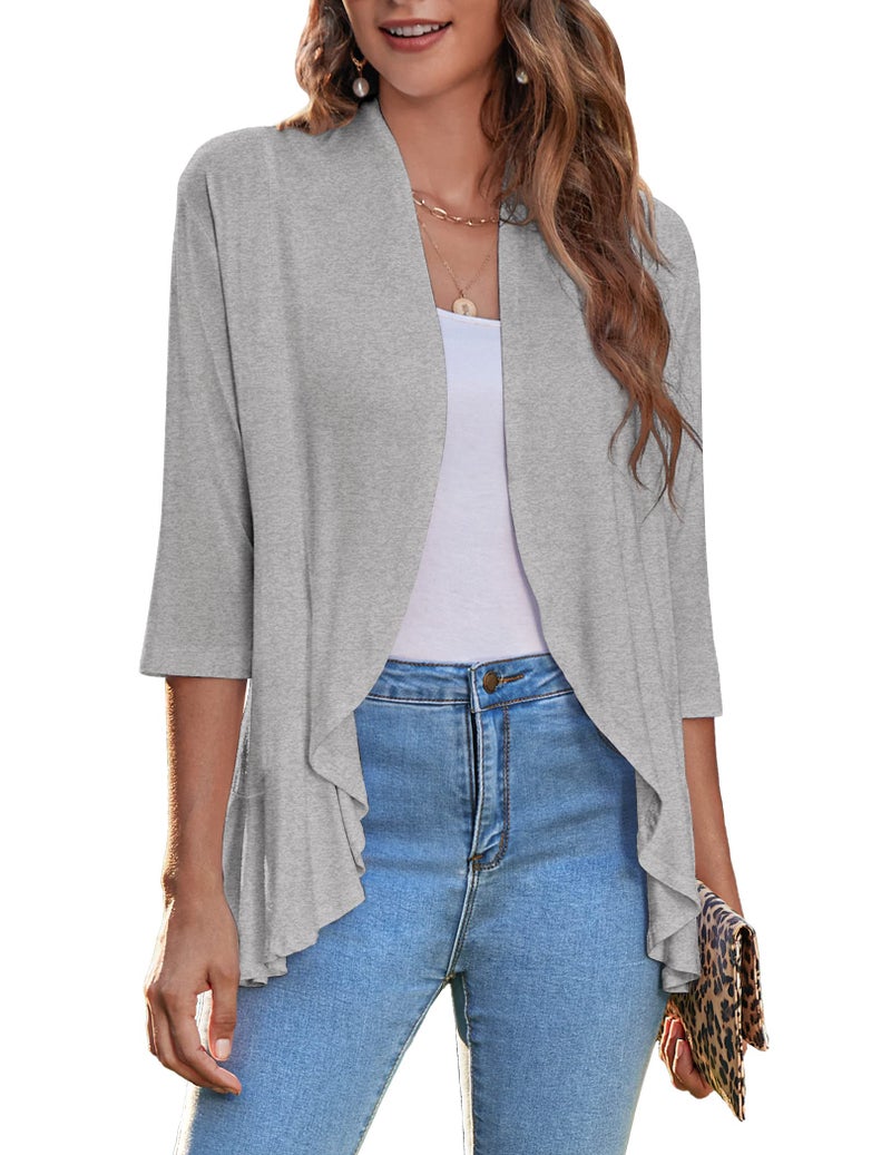 Zeagoo Women's Open Front 3/4 Sleeve Draped Ruffles Knit Cardigan,1-grey,X-Large - Image 1
