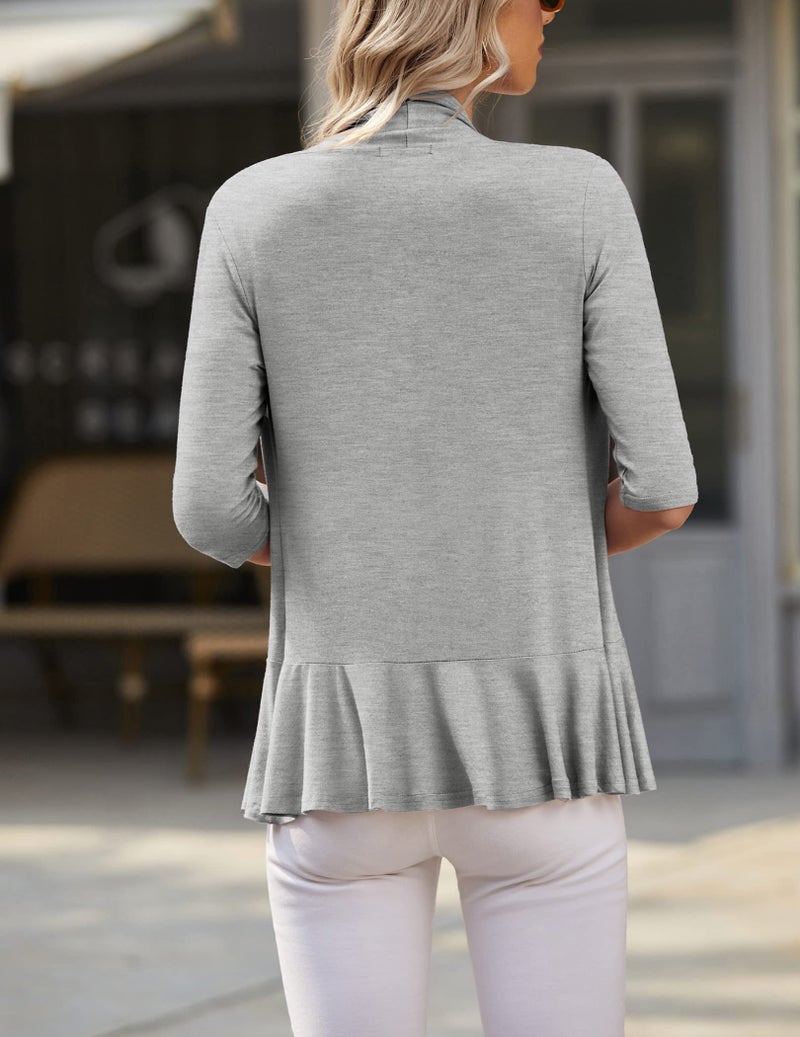 Zeagoo Women's Open Front 3/4 Sleeve Draped Ruffles Knit Cardigan,1-grey,X-Large - Image 4