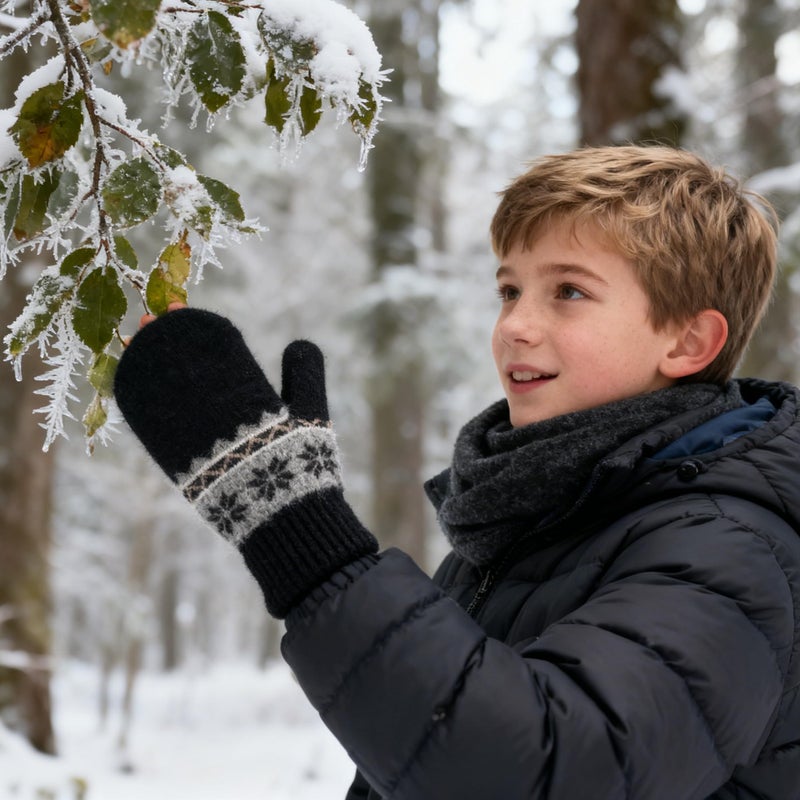 CaySep Kids Winter Warm Knit Mittens-Double Layer Thickn Outdoor Gloves Soft Stretchy Snowflakes Gloves for Boys Girls 5-10Y - Image 3
