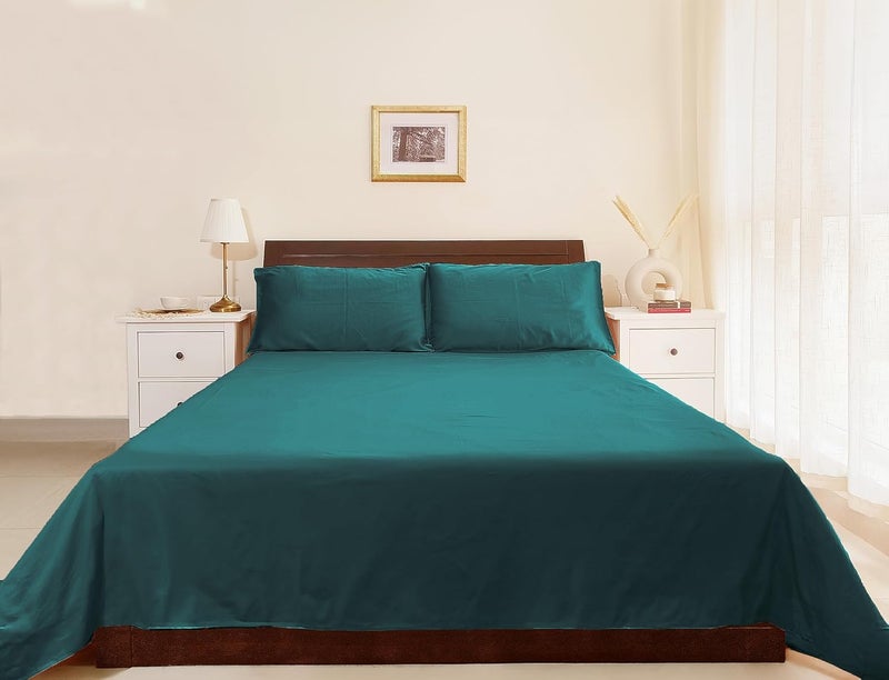 Hygge Life Hygge Life KingSuper King Size Cotton Bedsheet with 2 Large Pillow Covers 300TC Soft Premium Bed Sheet Set in Pure Cotton Teal Blue 