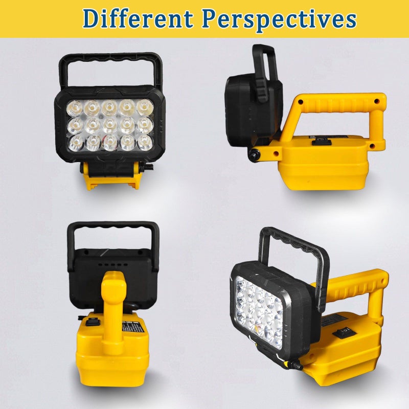 مصباح العمل LED الأصفر بحجم 3 بوصات يعمل بدون أسلاك متوافق مع بطاريات ديوالت الليثيوم يتميز بمنفذي شحن لتشغيل الهواتف وأجهزة الكمبيوتر المحمول مفيد في حالات انقطاع التيار الكهربائي وتغيير الإطارات ليلاً - Image 3