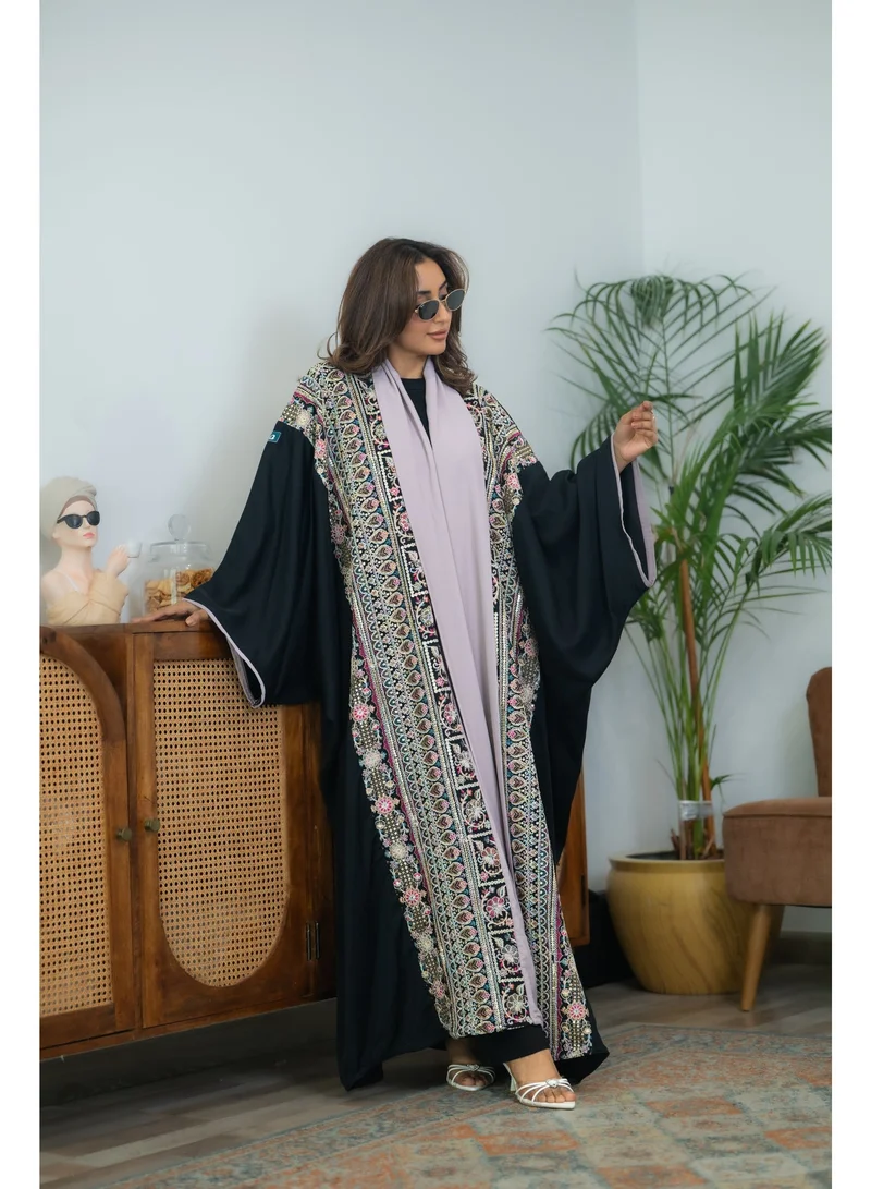 via abaya Luxury Blackberry Abaya with Embroidered Indian Linen and Rose Silk Details