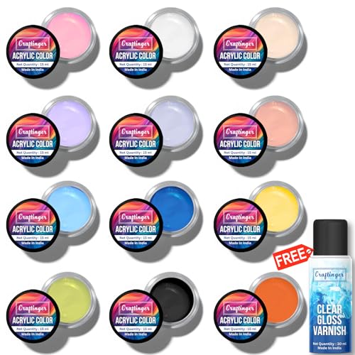 Craftinger 12-Sets Acrylic Colours With 15Ml Varnish|Each 15Ml Pastel&Essential Paint|Multi-Surface Color For Canvas,Wood,Glass,Metal,Plastic&More|Set For Adults, Artists,Students,Children&Hobbyists - Image 1