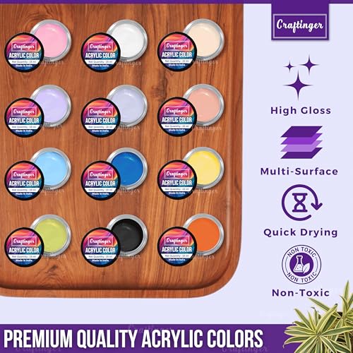 Craftinger 12-Sets Acrylic Colours With 15Ml Varnish|Each 15Ml Pastel&Essential Paint|Multi-Surface Color For Canvas,Wood,Glass,Metal,Plastic&More|Set For Adults, Artists,Students,Children&Hobbyists - Image 3