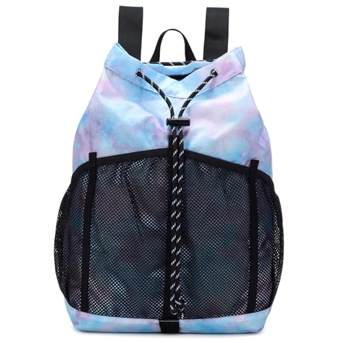 Lohol Lightweight Drawstring Backpack with Mesh Pockets for Women Men, Water Resistant String Bag for Sports Beach Swimming Camp Travel (Galaxy Purple Blue) - Image 1