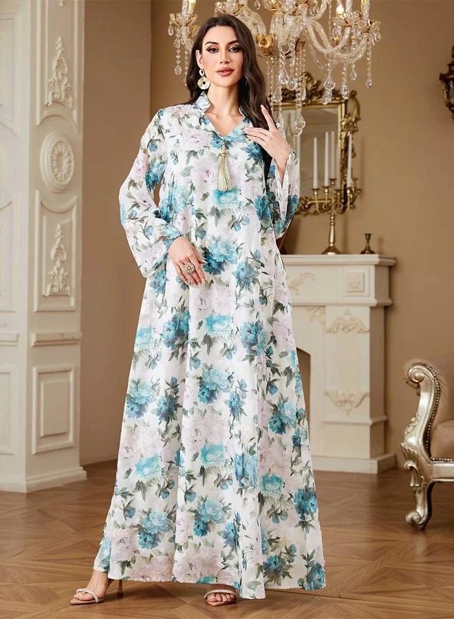 تايك تو Blue Floral Print Tassel Detail Maxi Jalabiya