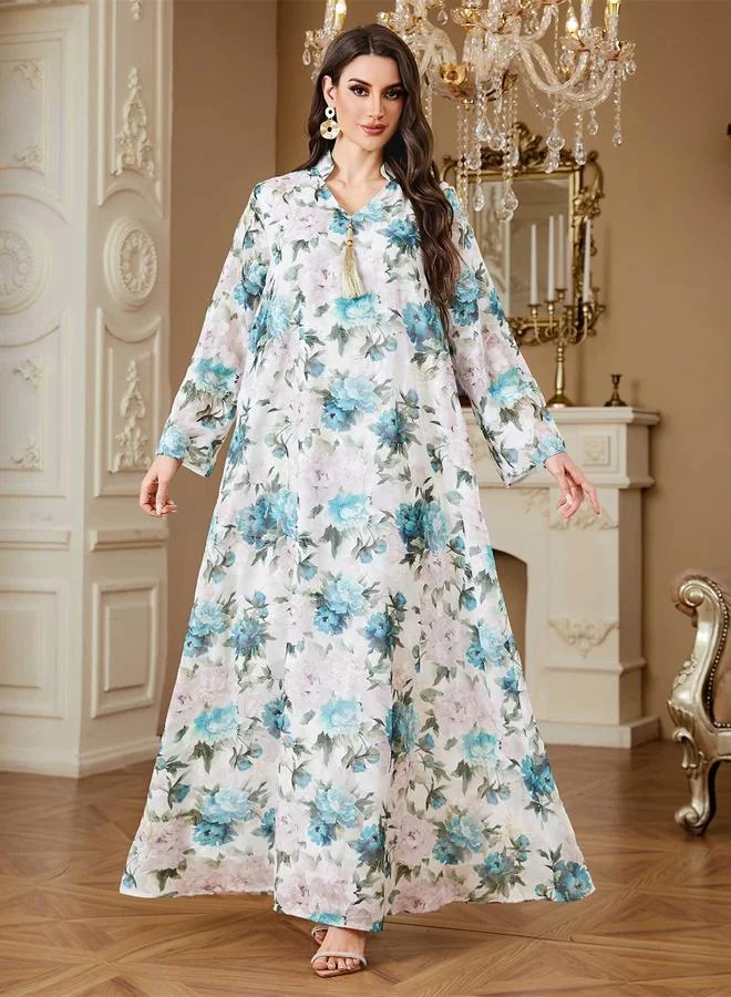 تايك تو Blue Floral Print Tassel Detail Maxi Jalabiya