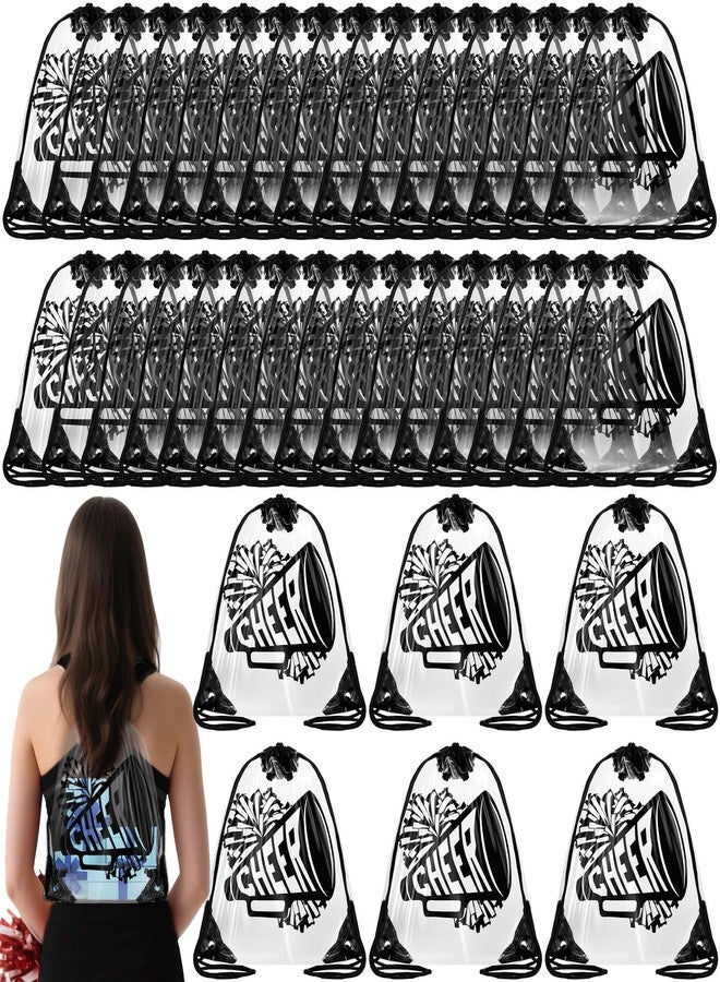 Sunnymove 24 Pcs Cheer Drawstring Backpack Bulk Small Clear PVC Cheerleader Goodie Bags 10 x 12 Inch Cheerleader Gym Sack Storage Snack Treat Cheer Gift Pack for Sports Team Favor Accessories (Black - Image 1