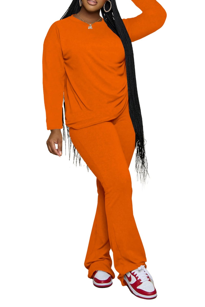 PINSV Womens 2 Piece Outfits Casual Sets Long Sleeve Top and Flare Pants Lounge Sets Tracksuit Orange XXL - Image 1