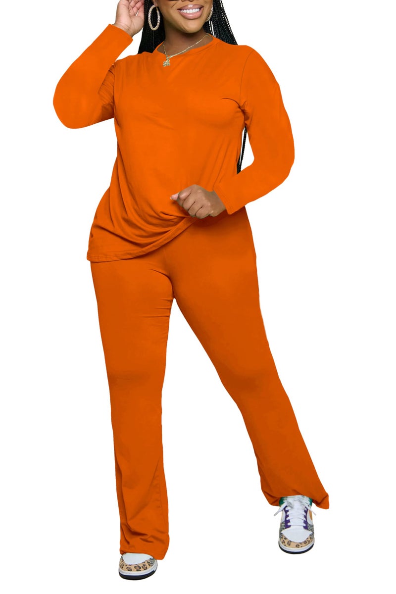 PINSV Womens 2 Piece Outfits Casual Sets Long Sleeve Top and Flare Pants Lounge Sets Tracksuit Orange XXL - Image 4