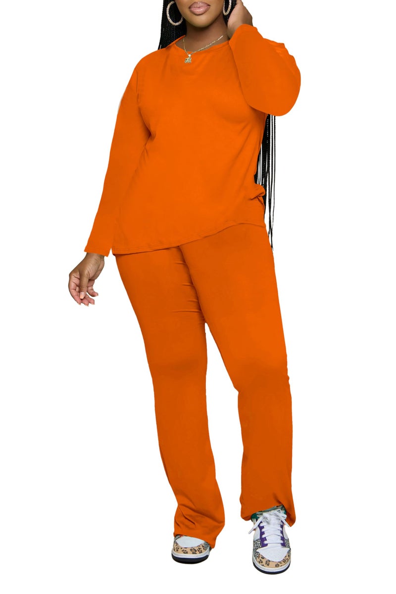 PINSV Womens 2 Piece Outfits Casual Sets Long Sleeve Top and Flare Pants Lounge Sets Tracksuit Orange XXL - Image 3